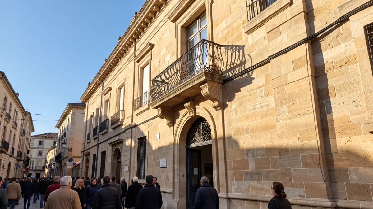 Façade en pierre d'une mairie d'Occitanie avec balcon orné et balustrade en fer forgé, soleil d'après-midi chaud projetant des ombres sur les murs en grès, ciel bleu.